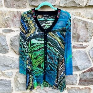 Michael Tyler Sheer Abstract Print Embellished Flared Tunic Medium